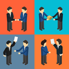 Cooperating delivery managers isometric isolated vector illustration. Delivery managers standing, discussing, handshaking and talking. Logistics management, teamwork and business people concept