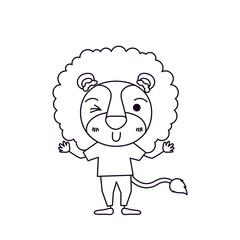 sketch silhouette caricature of cute lion in clothes and wink eye expression vector illustration