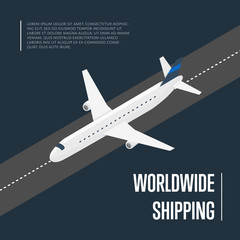 Worldwide shipping isometric vector illustration. Cargo jet airplane on airport runway. Worldwide logistics, delivery transportation, global freight airlines, shipping company, import and export