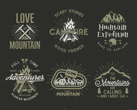 Set of mountain and scouting badges. Climbing labels, mountains expedition emblems, vintage hiking silhouettes logos and design elements. retro letterpress style isolated