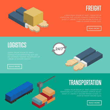 Freight logistics and transportation isometric banners vector illustration. Packing box on human hands, cargo crane loading train. Freight transportation, logistics, postal service and distribution
