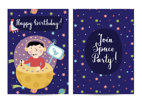Happy birthday cartoon greeting card on space theme. Cute boy on fantastic spaceship flying in space vector illustration on starry blue background. Bright invitation on childrens costumed party
