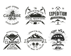 Vintage mountaineering badges set. Climbing logo, vintage emblems. Climb alpinism gear - helmet, carabiner, campfire. Retro t shirt design. Old style illustration. Letterpress effect