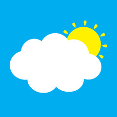 White cloud and yellow sun set. Fluffy clouds. Cute cartoon cloudscape. Cloudy weather sign symbols. Flat design Decoration element. Blues sky background. Isolated.