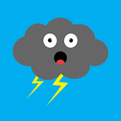 Cute cartoon kawaii dark cloud with thunderbolt. Storm lightning. Surprised emotion. Eyes and mouth. Isolated. Blue sky background. Baby character collection. Funny illustration. Flat design.