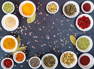 Variety of spices and herbs for cooking meat, fish, chicken and vegetable salads