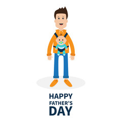 Happy fathers day. Funny cartoon guy Cute male character holding boy son in baby carrier sling. Parent take care of child. Surprise emotion. White background. Flat design