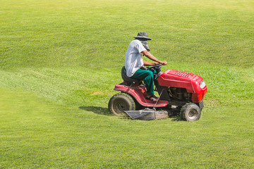 The gardener is using a lawn mower