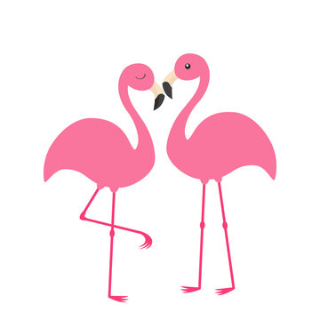 Two pink flamingo set. Exotic tropical bird with eyes. Zoo animal collection. Cute cartoon character. Love family couple. Decoration element. Flat design. White background. Isolated.