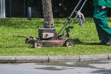 The gardener is using a lawn mower