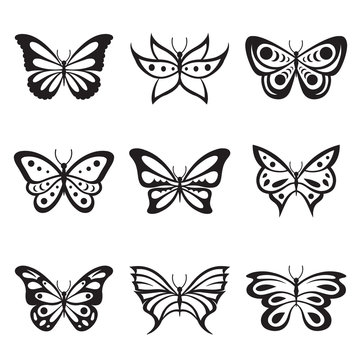 Black Animal Insect butterfly tattoo and silhouettes Icon Vector