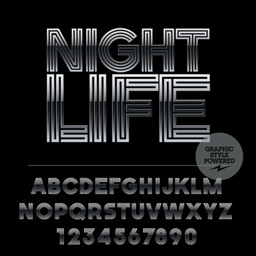 Vector set of Silver Alphabet Letters. Font contains Graphic Style. Vector icon with text Night Life