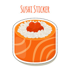 Sushi sticker, asian food with caviar, rice - label. Vector illustration