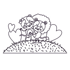 sketch silhouette scene landscape and grass with caricature couple of lioness and lion one carrying the other vector illustration
