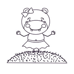 sketch silhouette scene landscape and grass with caricature cute expression female hippo in skirt with bow lace vector illustration