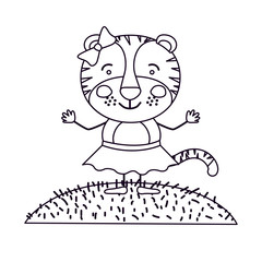sketch silhouette scene landscape and grass with caricature cute expression female tigress in skirt with bow lace vector illustration