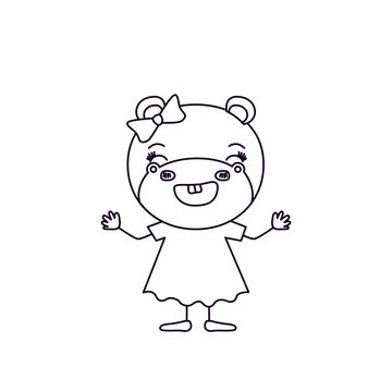sketch silhouette caricature of happiness expression female hippo in dress with bow lace vector illustration