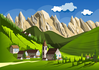 Nature mountains green landscape with farm country vector illustration