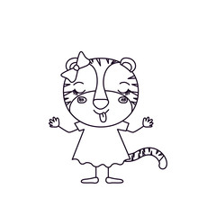 sketch silhouette caricature of female tigress in dress with bow lace and eyes closed expression of happiness vector illustration