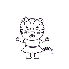 sketch silhouette caricature of female tigress in clothes with bow lace and smiling expression vector illustration