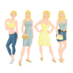 Vector illustration of young blondy woman in different clothes isolated on white background