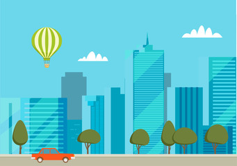 Obraz premium City street with skyscraper, cityscape vector background illustration