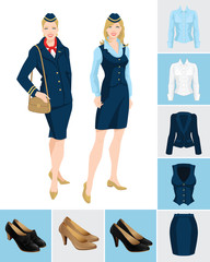 Vector illustration of corporate dress code. Formal suit and shoes isolated on color background. Young women in uniform.
