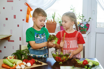 Children prepare salad vegetables . Happy kids in the kitchen . The concept of a healthy wholesome food