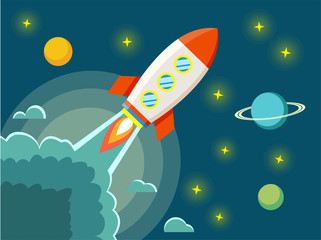 Space rocket in cosmos vector flat illustration
