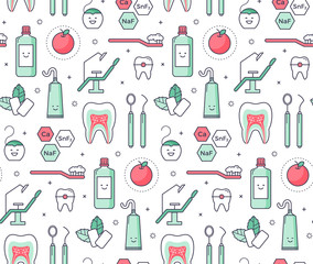 Vector scientific seamless pattern with dentist equipment on white background. Fun iconic style Stomatology and Orthodontics Tools, tooth structure. - 164665175