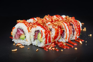 Sushi on black background. Perfect for creating sushi restaurant menu. 