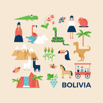 Vector illustration sightseeings of Bolivia with nature, animals and people in traditional clothes. Flat design style. Poster or greeting card