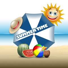 Summer vector banner include summer objects 3d on beach vector illustration
