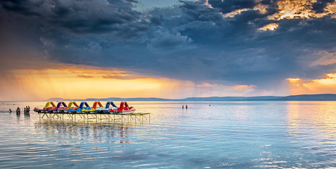 Sunset over lake Balaton, Hungary - obrazy, fototapety, plakaty