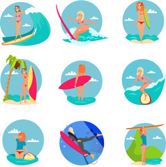 Surfing girl cartoon flat set vector illustration