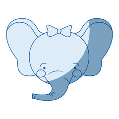 blue color shading silhouette caricature face of female elephant animal with bow lace vector illustration
