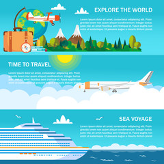 Travel banners with different transportations, vector illustration