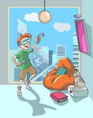 Virtual reality game boy vector cartoon illustration
