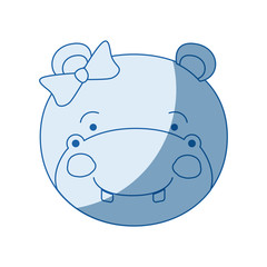 blue color shading silhouette caricature face of female hippo animal with bow lace vector illustration