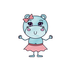 color crayon silhouette caricature of adorable expression female hippo in skirt with bow lace vector illustration