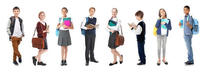 Obraz premium Schoolchildren of different ages on white background