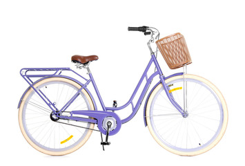 Fototapeta na wymiar Modern bicycle with basket on white background