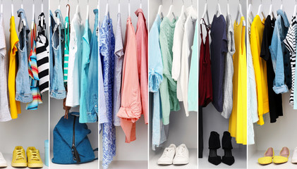 Collage of fashionable clothes hanging in wardrobe