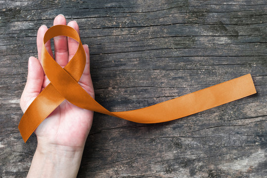 Copper Awareness Ribbon symbolic color for Herpes Simplex Virus  (HSV 1 and HSV 2)  on helping hand support (bow isolated with clipping path)