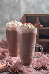 Chocolate milkshake in tall glass mugs 