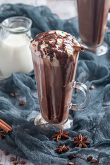 Ice chocolate in tall glass mugs 