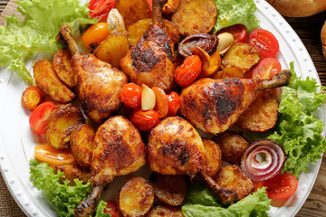 Roasted chicken legs with baked potato on the plate
