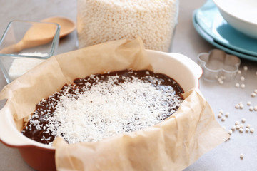 Baking dish with delicious rice dessert on table