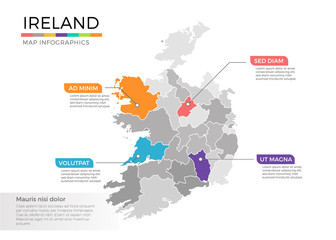 Ireland map infographics vector template with regions and pointer marks