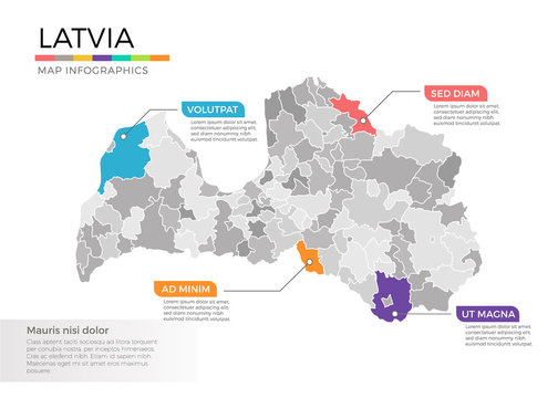 Latvia map infographics vector template with regions and pointer marks